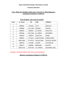 Liste finale des &eacute;tudiants admis pour s`inscrire en Master (par ordre