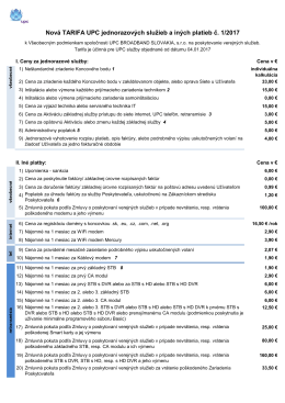 Nová TARIFA UPC jednorazových služieb a iných platieb č. 1/2017