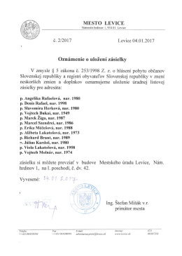 MESTO LEVICE Ozn&aacute;menie o uložen&iacute; z&aacute;sielky