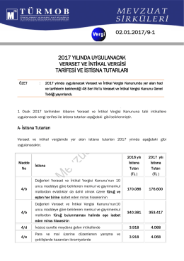 2017 Yılında Uygulanacak Veraset ve İntikal Vergisi Tarifesi ve