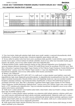 4 Ocak 2017 SKODA Fiyat Detay Listesi