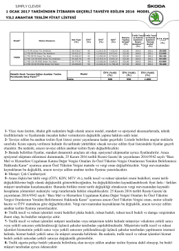 1 Ocak 2017 SKODA Fiyat Detay Listesi