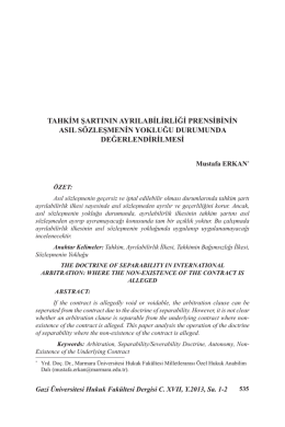 Tahkim Şartının Ayrılabilirliği Prensibinin Asıl