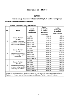 Cennik opłat za usługi finansowe płatnicze w Poczcie Polskiej S.A.
