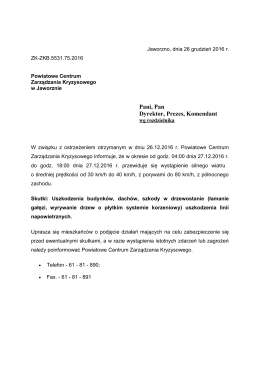Ostrzeżenie silny wiatr - 26 grudnia 2016 r.