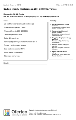 Szukam kredytu hipotecznego, 250 - 280.000zł, Tomice