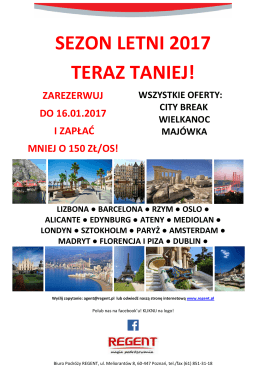 City Break, Wielkanoc, Majówka taniej 150 PLN / os do 16.01!