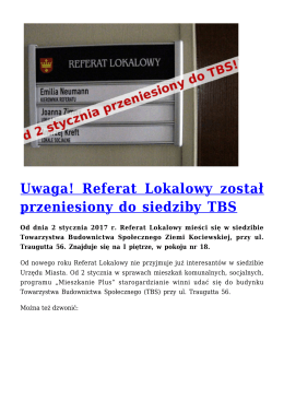 Uwaga! Referat Lokalowy został przeniesiony do siedziby TBS