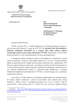 Wystąpienie Zastępcy RPO Stanisława Trociuka do Prezesa SO w