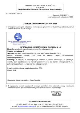 ostrzeżenie hydrologiczne - Zachodniopomorski Urząd Wojewódzki