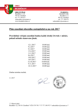 Plán zasedání obecního zastupitelstva na rok 2017