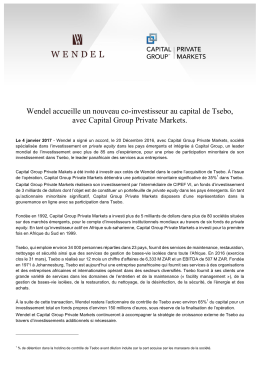 Wendel accueille un nouveau co-investisseur au capital de Tsebo