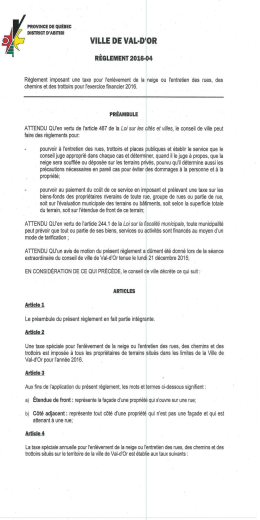 Règlement taxe pour l`enlèvement de la neige et - Ville de Val-d`Or