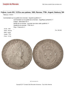 France, Louis XIV, 1/2 &Eacute;cu aux palmes, 1693, Rennes, TTB+, Argent