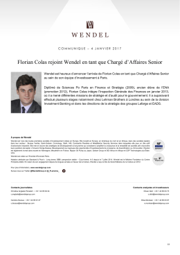 Florian Colas rejoint Wendel en tant que Charg&eacute; d`Affaires Senior