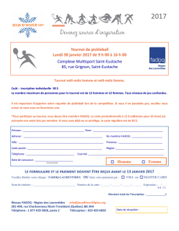 Tournoi de pickleball Lundi 30 janvier 2017 de 9 h 00 à 16