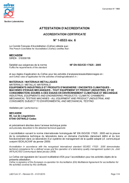 ATTESTATION D`ACCREDITATION N&deg; 1-0533 r&eacute;v. 6