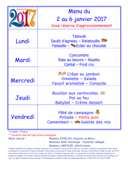 Menu du 2 au 6 janvier 2017 Lundi Mardi Mercredi Jeudi Vendredi