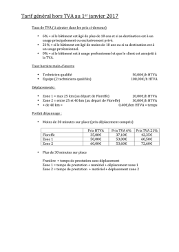 Tarif g&eacute;n&eacute;ral hors TVA au 1er janvier 2017