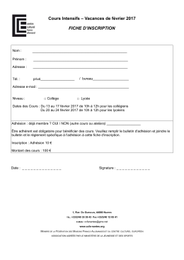 Cours Intensifs &ndash; Vacances de f&eacute;vrier 2017 FICHE D`INSCRIPTION