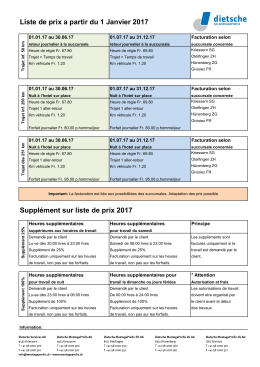 Liste de prix a partir du 1 Janvier 2017 Supplément sur liste de prix