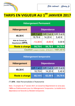 TARIFS EN VIGUEUR AU 1 JANVIER 2017