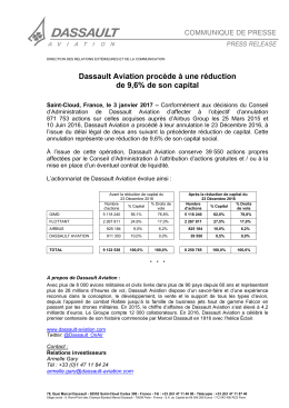 Communiqu&eacute; de Presse "Dassault Aviation proc&egrave;de &agrave; une r&eacute;duction