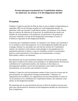 Forum intergouvernemental sur l`exploitation mini&egrave;re, les min&eacute;raux
