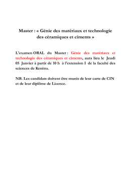 Master : &laquo; G&eacute;nie des mat&eacute;riaux et technologie des c&eacute;ramiques et