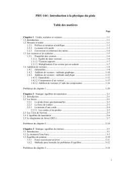 PHY-144 : Introduction à la physique du génie Table des matières