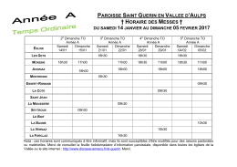 Horaire des Messes du samedi 14 janvier au dimanche 5 février 2017