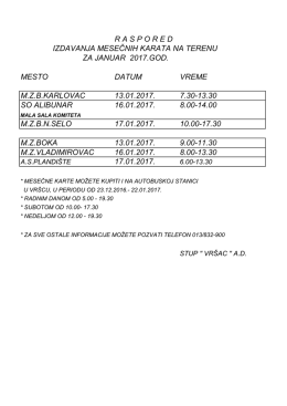 Raspored izdavanja mesečnih karata na terenu za