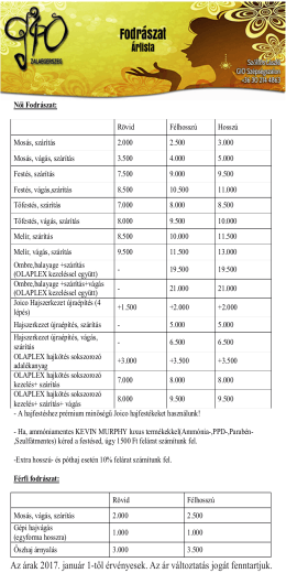 Rövid Félhosszú Hosszú Mosás, szárítás 2.000 2.500 3.000 Mosás