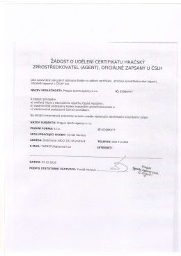 Žádost o certifikát - Prague sports agency s.r.o.