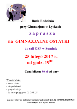 zaprasza 25 lutego 2017 r. od godz. 19
