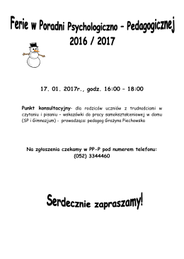 17. 01. 2017r., godz. 16:00 – 18:00 Punkt konsultacyjny