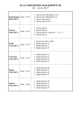 PLAN ODWIEDZIN KOLĘDOWYCH 09 – 14.01.2017
