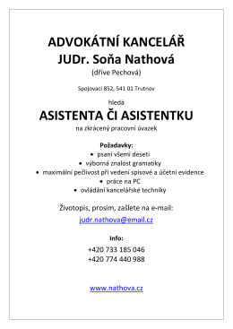 ADVOKÁTNÍ KANCELÁŘ JUDr. Soňa Nathová ASISTENTA ČI
