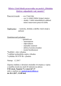 Městys Liteň hledá pracovníka na pozici:,,Obsluha čistírny