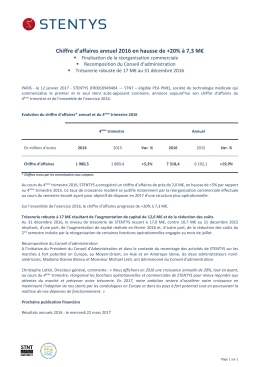 Chiffre d`affaires annuel 2016 en hausse de +20% à 7,3 M€