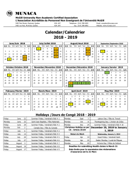 Calendar/Calendrier 2018 - 2019