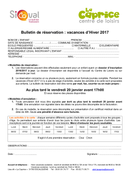 Bulletin de réservation : vacances d`Hiver 2017