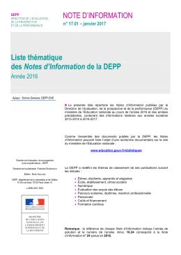 Liste th&eacute;matique des Notes d`information de la DEPP Ann&eacute;e 2016