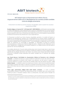 ASIT biotechre&ccedil;oit un financement de 6 millions d`euros du
