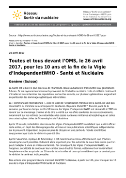 Toutes et tous devant l`OMS, le 26 avril 2017, pour les 10 ans et la
