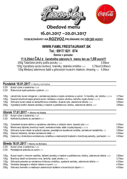 Obedov&eacute; menu 16.01.2017 &ndash;20.01.2017