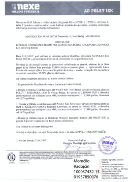 Polet a.d. - Izveštaj o održanoj redovnoj sednici skupštine akcionara