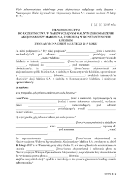 Wz&oacute;r pełnomocnictwa udzielonego przez