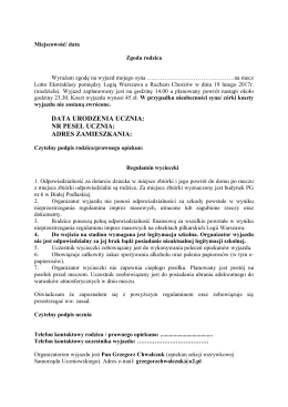 Wzór zgody rodzica na wyjazd - Publiczne Gimnazjum nr 6 im. Jana