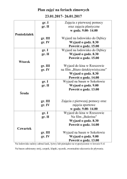 Plan ferii zimowych w Zespole Szkół w Sarzynie